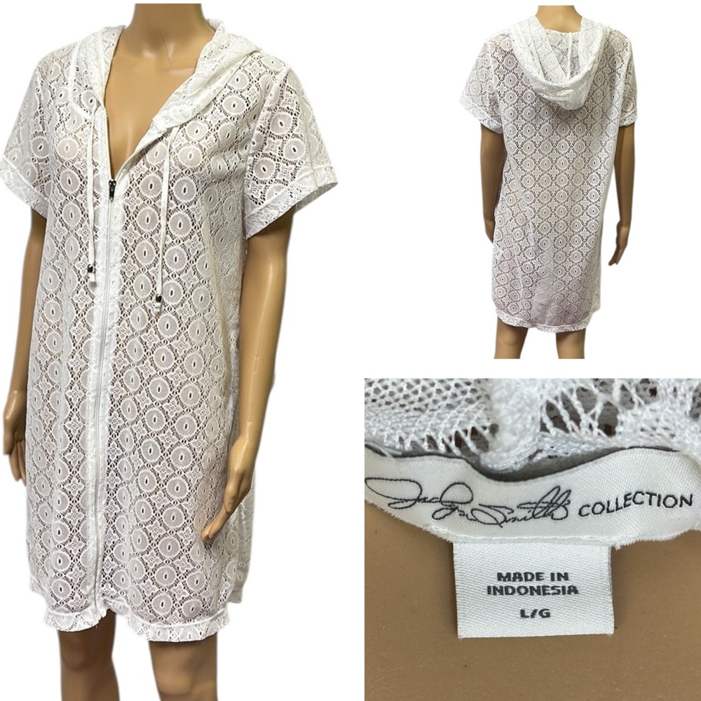 Jaclyn Smith White Lace Full Zip Up Hooded Short Sleeve Swim Coverup Womens L